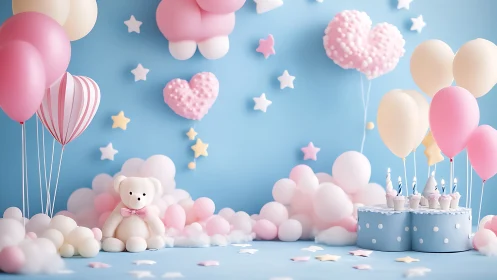 Whimsical Birthday Party Scene: 3D Rendered Celebration with Pastel Balloon Arrangements.