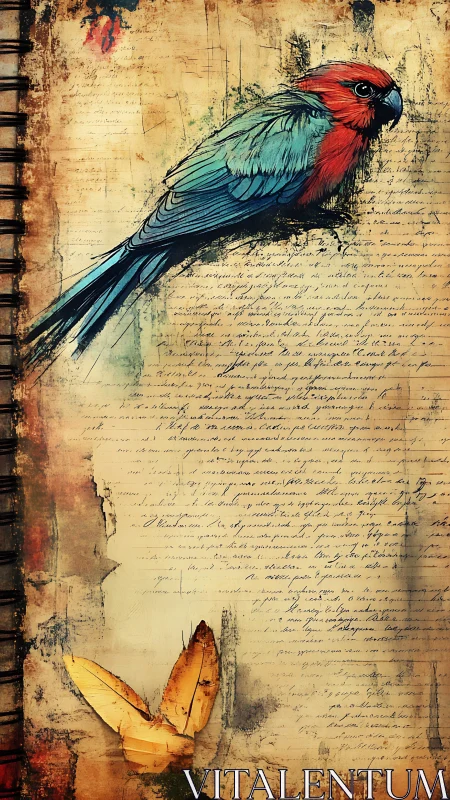 Annotated avian illustration on distressed parchment journal page.