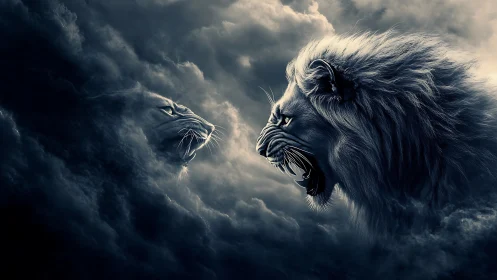 Celestial Feline Confrontation: Ethereal Lions Against Stormy Skies.