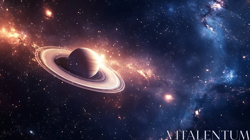 Ringed giant drifting through a rose-gold galactic sea.