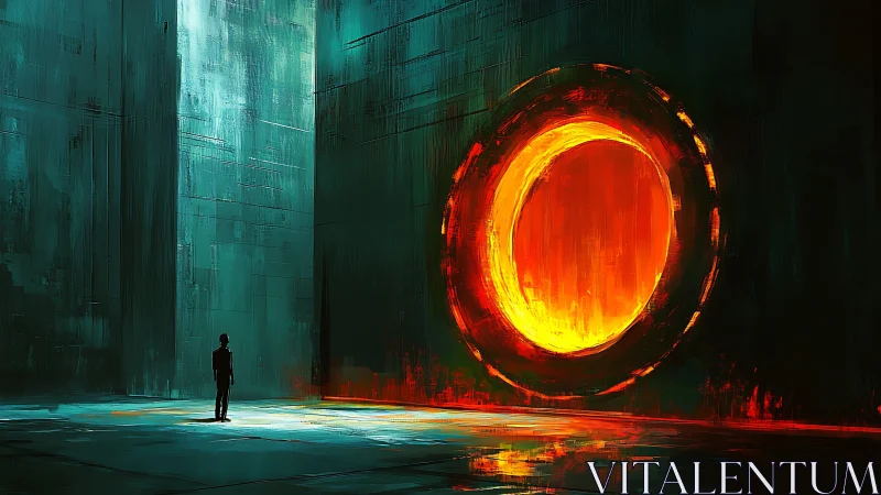 Lone figure before colossal glowing portal in teal hall.