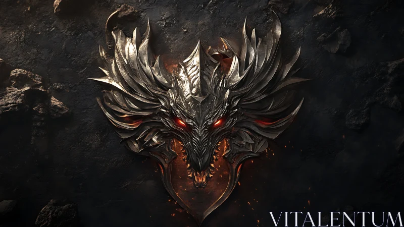 Metallic dragon emblem with glowing eyes on dark rock wall.