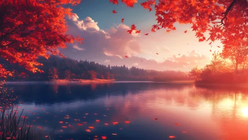 Autumn shoreline landscape with lake, forest and sky at dusk.