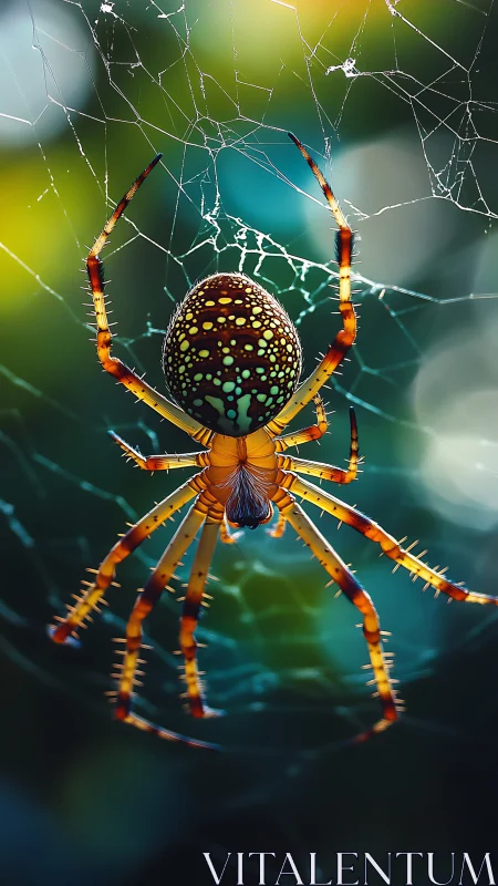 Vibrant orb-weaver spider gleams against a dreamy bokeh web