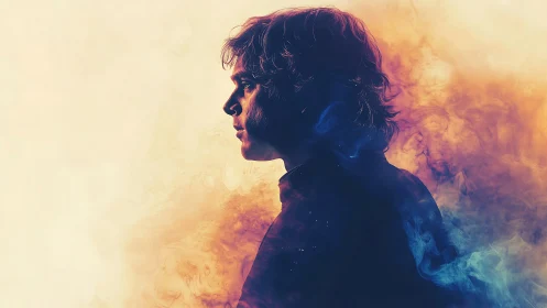 Silhouetted dreamer drifting through swirling twilight smoke.