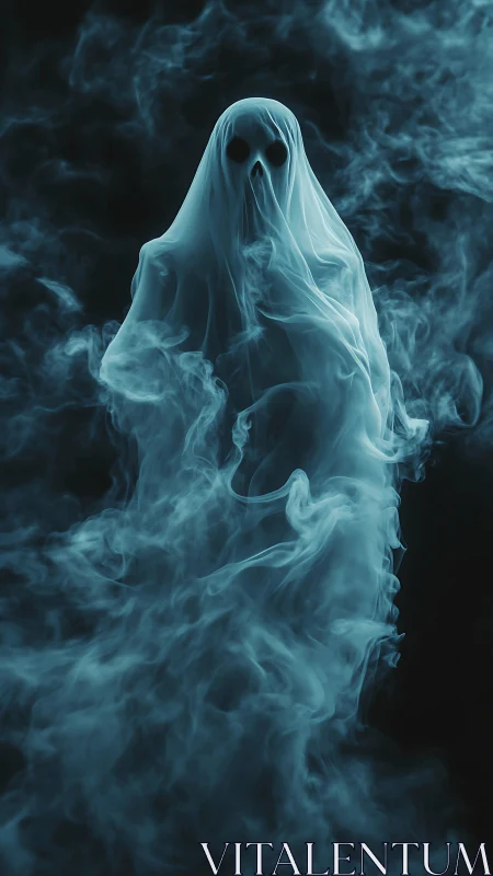 Translucent spectral figure formed from vertical blue smoke.