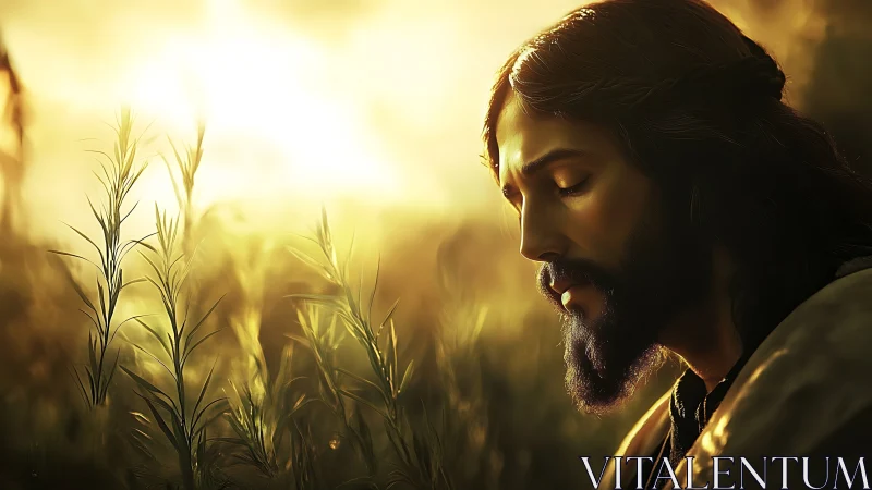 Bearded man with closed eyes stands in glowing sunset field