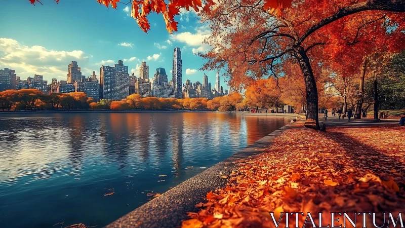 Autumnal urban reservoir with high-rise skyline reflection.