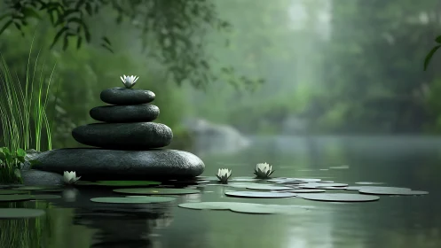 Serene zen stones rise above misty pond in tranquil forest