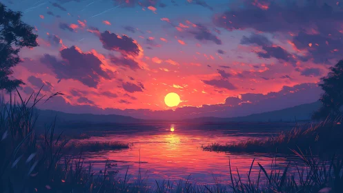 Gentle sunset glow over a quiet lake of soft colors.