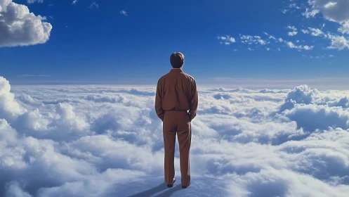 Solitary figure overlooking luminous cloud horizon sky.