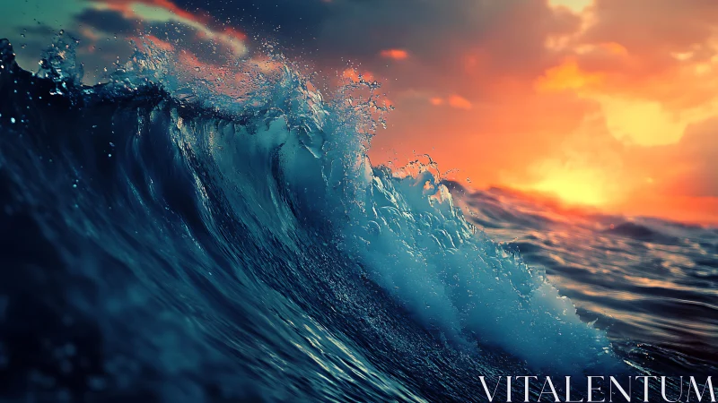 Sunset wave crest under vivid burning sky at sea.