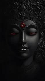 Divine dark goddess portrait glows with red sacred light.