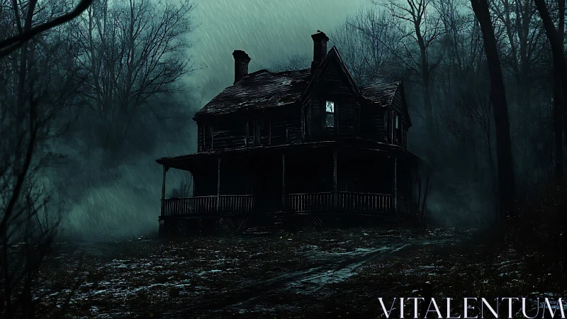 Derelict Victorian farmhouse under rain in nocturnal forest