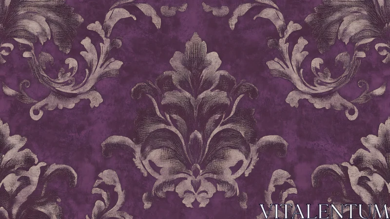 Plum velvet damask scrolls with antique metallic flourish.