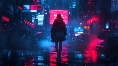 Silhouette figure walks alone through neon lit rainy street