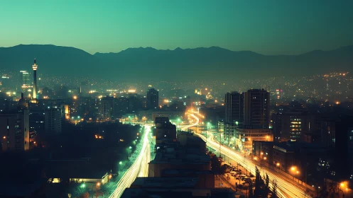 Night city skyline shows glowing highway through dense haze