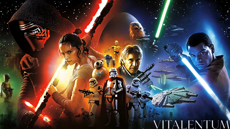 Galactic lightsabers clash in a vibrant space showdown.