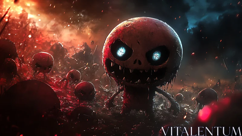 Macabre skull creature rising in fiery, stormlit swamp.