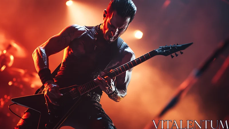Metal guitarist performs under blazing red stage lights