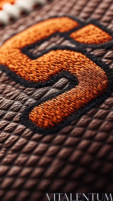Macro view of stitched orange numeral on leather surface.