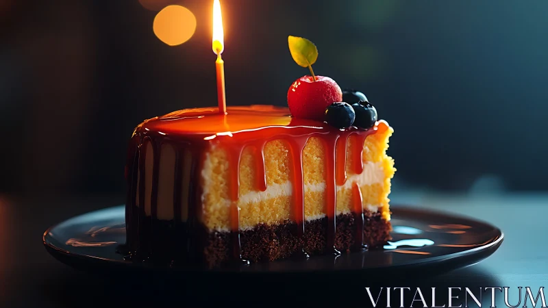 Illuminated Layered Birthday Cake with Red Glaze, Lit Candle, and Fresh Berries.