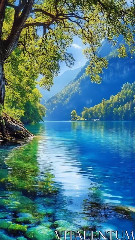 High-saturation alpine lake with refractive shallows and dense foliage