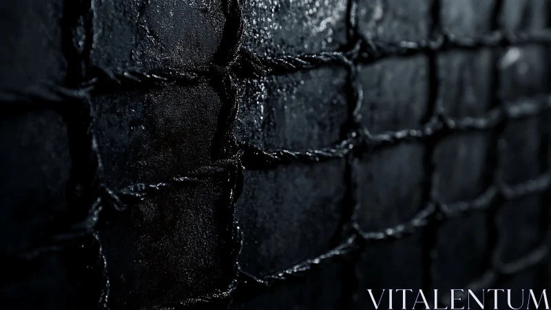 Moody closeup of a dark wet wire fence in soft light.