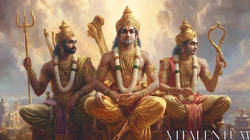 Divine warrior trio seated above luminous ancient city.