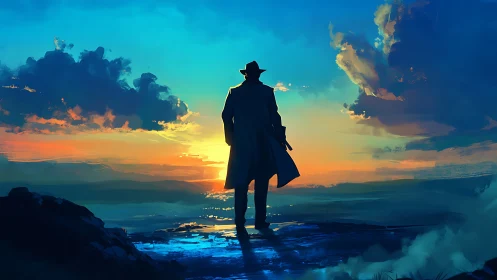 Wanderer in a glowing sunset sky of blues and golds.