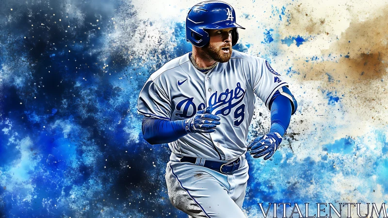 Kinetic baseball runner amid blue particulate energy field.