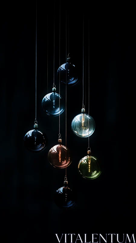 Suspended glass orbs glowing softly in deep shadowed space.
