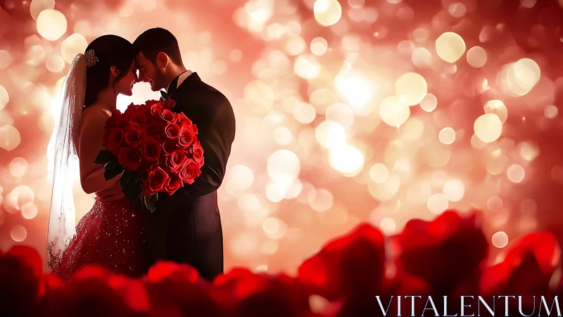 Romantic couple embraces amid glowing bokeh and roses.