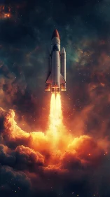 Space shuttle launch with bright exhaust plume at night.