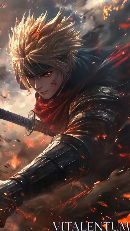 Firelit anime swordsman charges through burning battlefield.