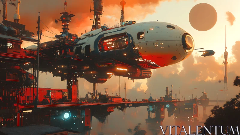 Massive futuristic starship docked in glowing sunset port.