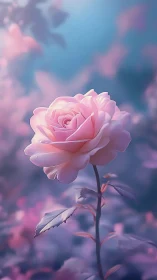 Dreamlit rose rising in misty pastel twilight garden.