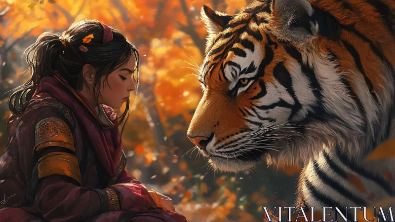 Quiet autumn bond between brave girl and gentle tiger.