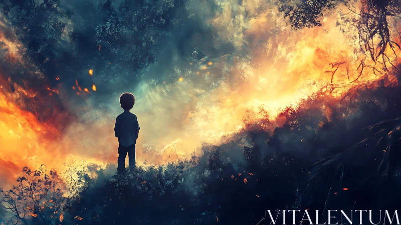 Child silhouette standing amid apocalyptic fire and devastation.