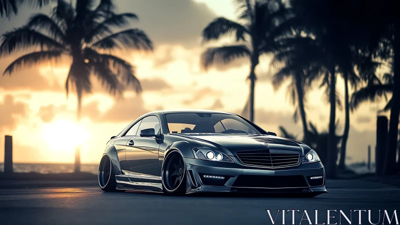 Custom silver coupe at tropical coastline during sunset.