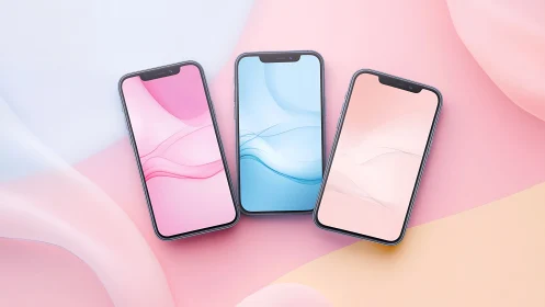 Three modern smartphones display pastel gradient wallpapers