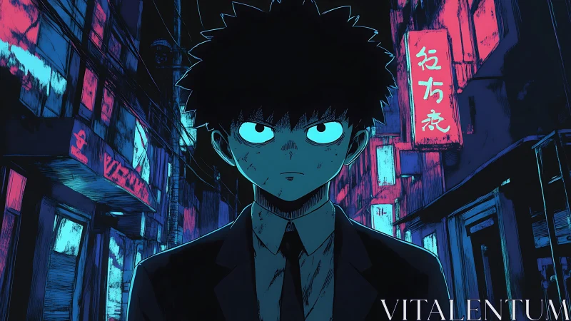 Stoic anime boy dominates neon alley nightscape scene.