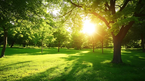 Morning sunlight pours gently through a peaceful green park