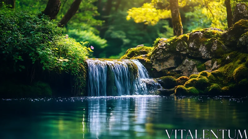 Serene forest waterfall captured in high-contrast photorealism