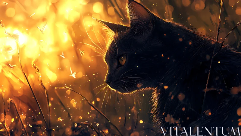 Golden backlit black cat profile in glowing meadow.