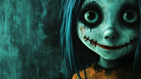 Grinning midnight doll studies you with stitched delight