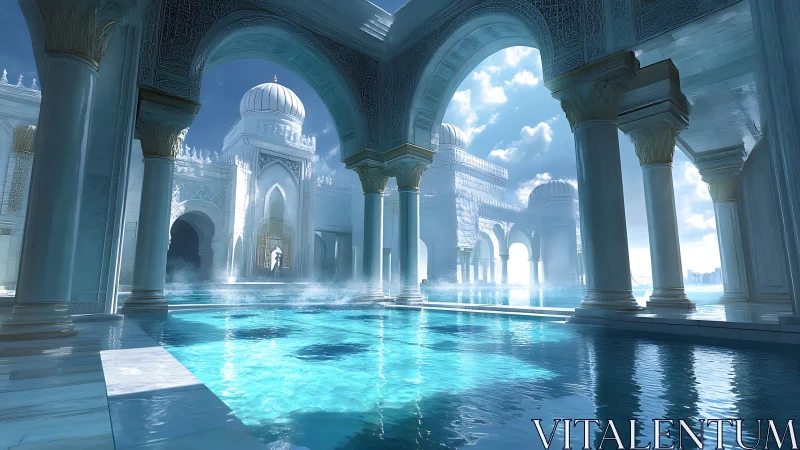 Sunlit sapphire baths beneath celestial marble arches.