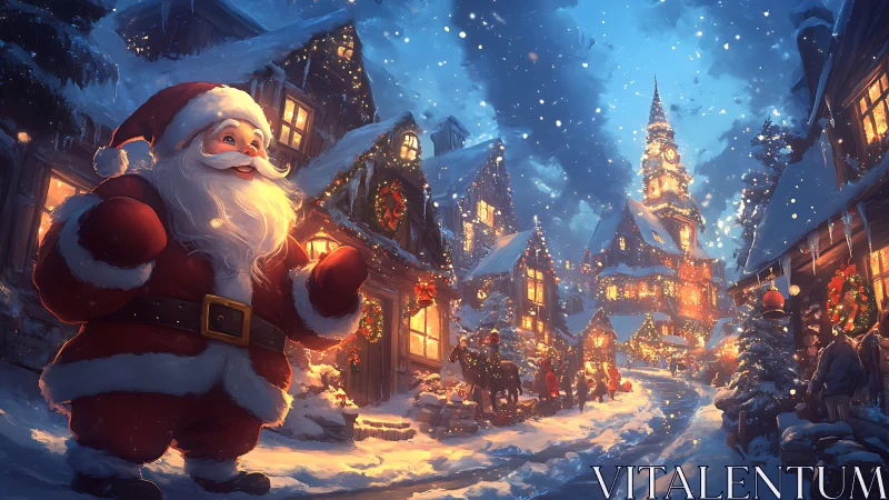 Jolly village stroll of storybook Santa in glowing snowfall.