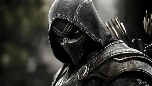 Stealth archer in dark metallic armor, cinematic close-up.