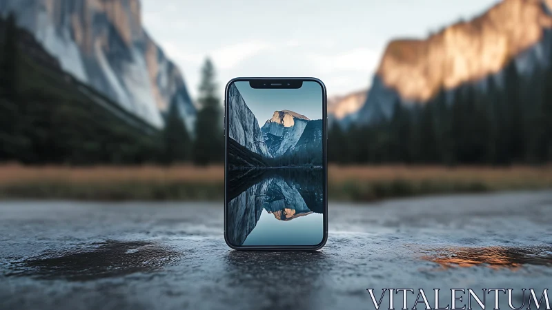 Smartphone framing alpine lake reflection in soft dusk light.